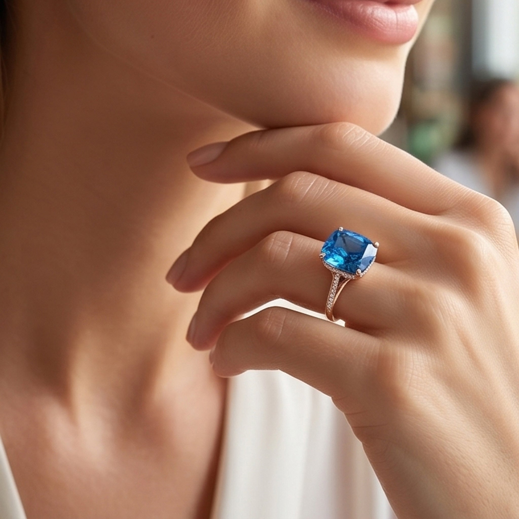 Blue Cushion Cut Cubic Zirconia Ring